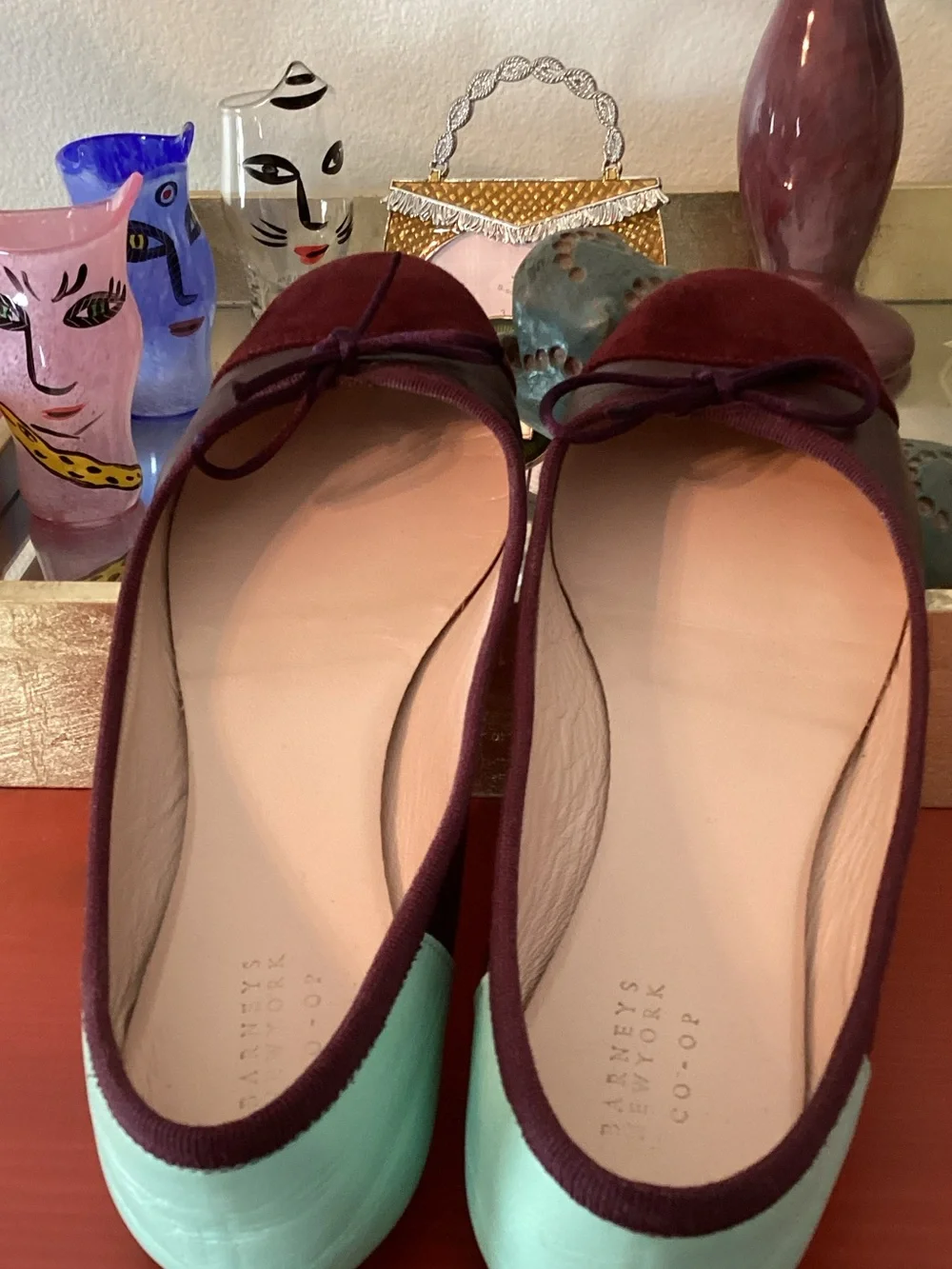 Barneys New York CO-OP Burgundy Ballet Flats with Mint Heel Accent